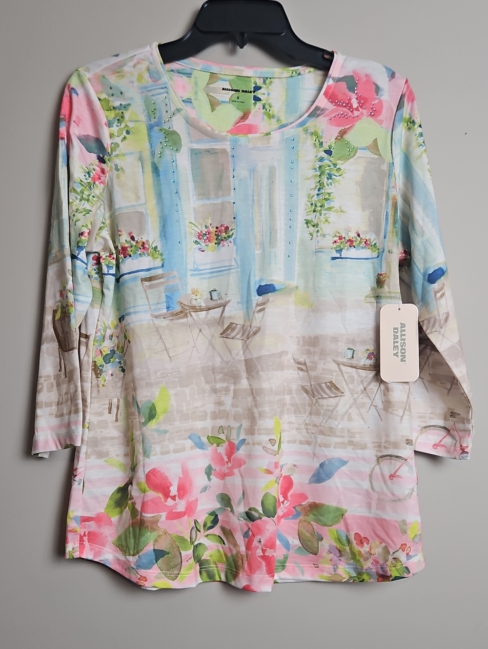 Allison Daley 3/4 Sleeve Multicolor Cafe Scenery W/ Rhinestones Tunic:Size-Small
